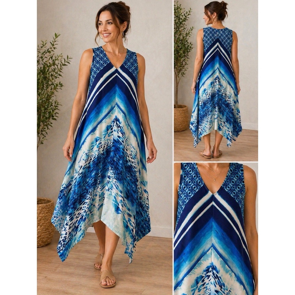 Chico's Trapeze Dress Sz S/M Blue Chevron Print Shark Bite Hem Cruise Resort